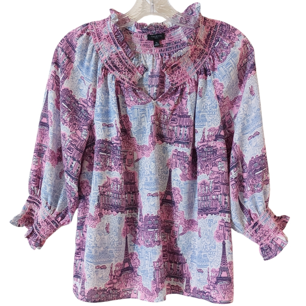 Talbots Pink & Blue Paris Scene Travelers Vacation Smocked Top 3/4 Sleeve Blouse